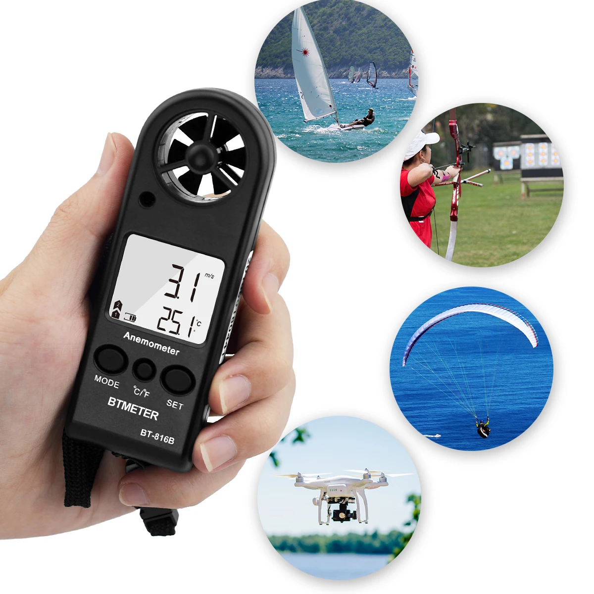 BEMETER 미니 풍속계, 디지털 풍속계, 풍속 온도 풍속 감기 지수 야외 스포츠용 공기 흐름 테스터, 2팩