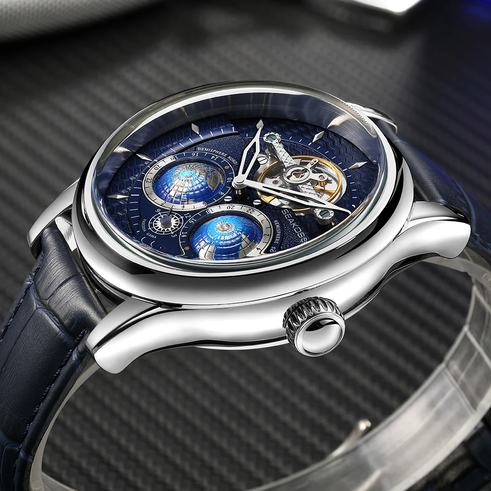 SEAKOSS Double Globe Automatic Rotating Men Mechanical Watches Earth Flywheel Device Men's Military Wristwatches 1963 Clock 3
