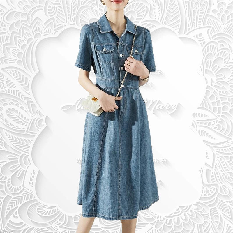

Sleeved denim dress for women's 2023 summer temperament mid length high-end skirt