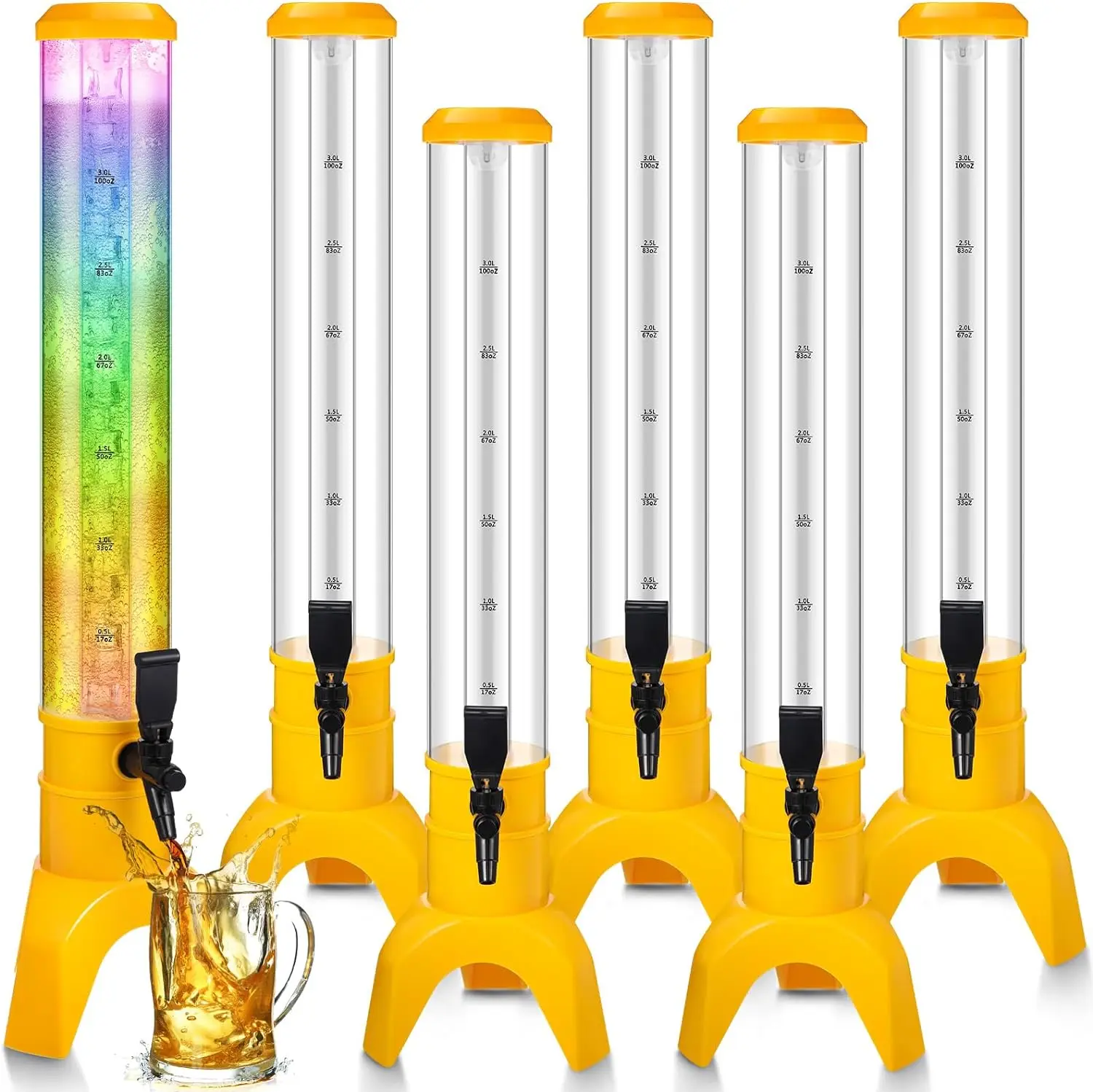 

6Pcs DrinkTower Dispenser for Drinks 3L/ 101 oz Mimosa Tower with Ice Tube&LED Light Beer Beverage Drink Dispenser for BarYellow
