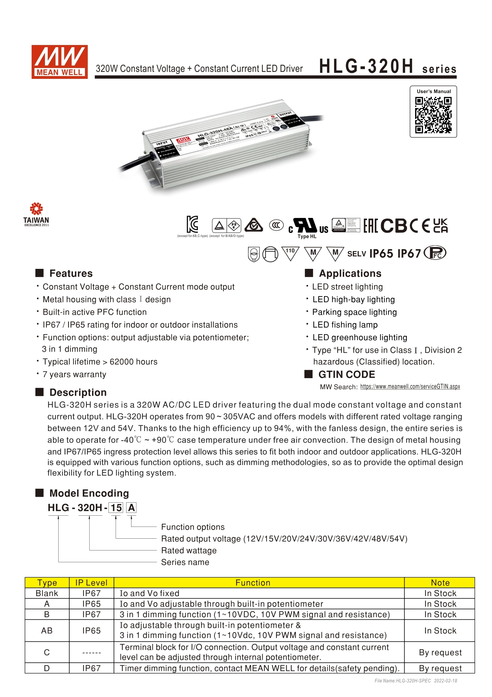 Description Picture 2 of itemMEAN WELL HLG-320H Series DC12V 24V 36V 48V 42V 54V 320W Rain-proof Single Output Adjustable LED Lighting Switching Power Supply