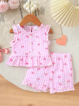 2pcs Summer Baby Girls Pink Gingham Bow Print Set, Ruffle Sleeveless Top + Shorts, Sweet Style, Daily/Outdoor Wear, 0-36M, Breat 1
