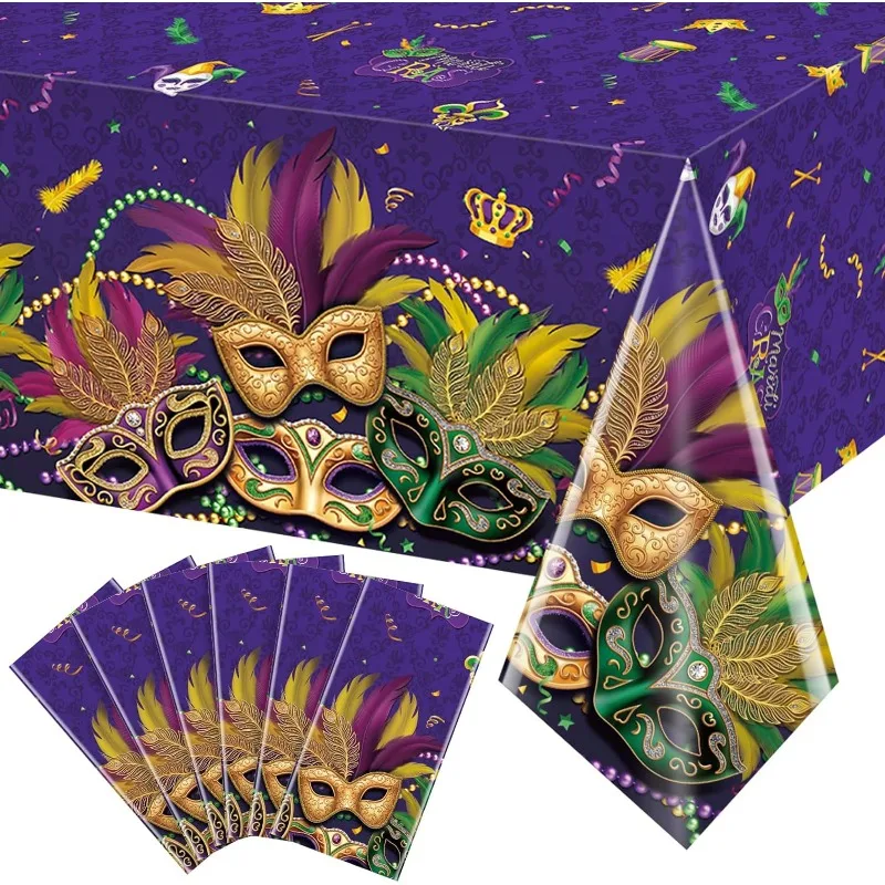 

6 Piece High Quality Mardi Gras Purple Plastic Disposable Tablecloth Backdrop for Mardi Gras Carnival and Dancing Party Supplies
