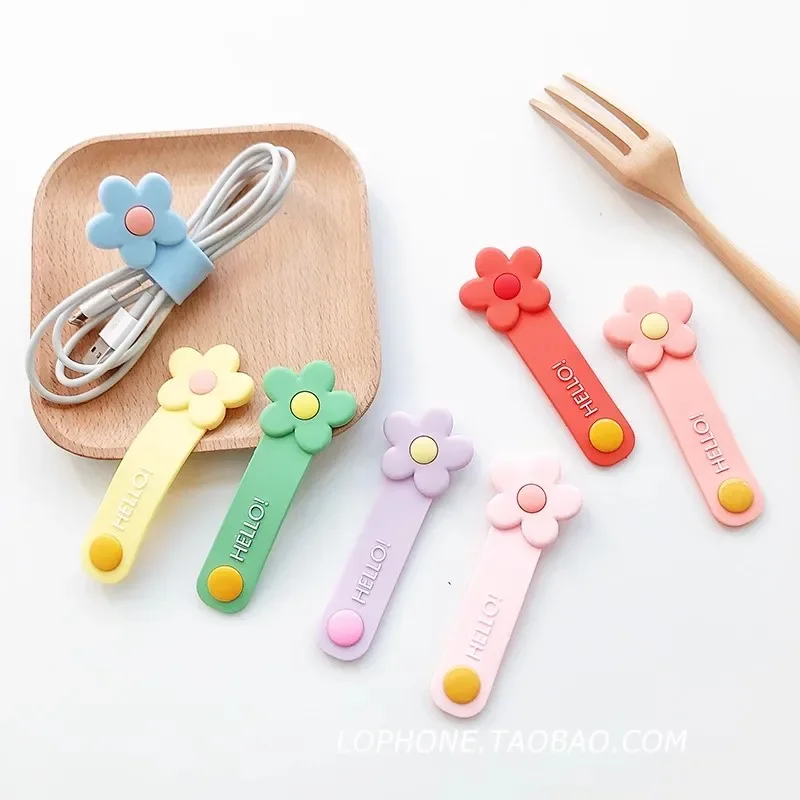 Kawaii 꽃 케이블 주최자 귀여운 USB 충전 데이터 라인 버클 케이블 보호기 와이어 코드 이어폰 케이블 와인 더 데스크 주최자