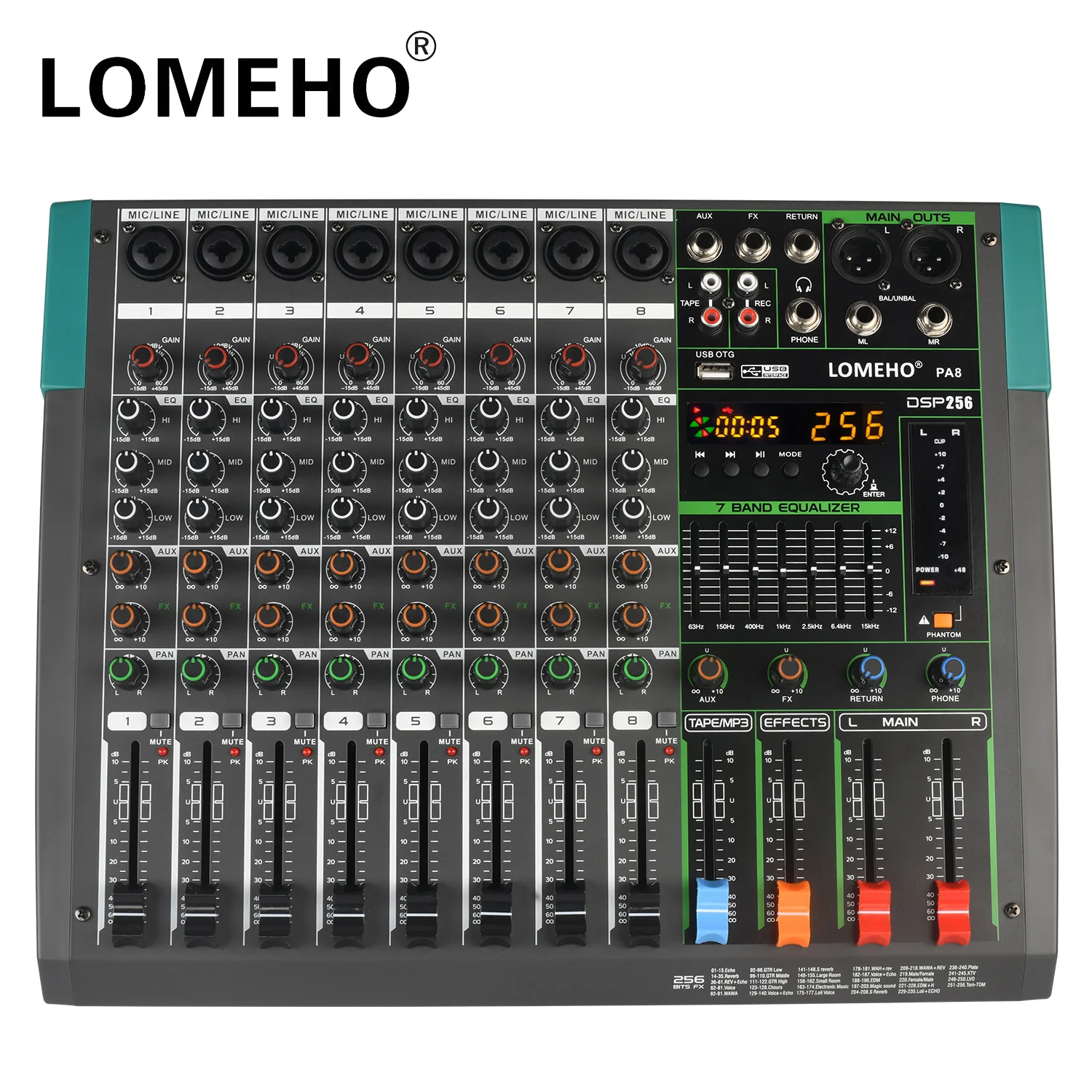 LOMEHO BT Mixing Console 256 Digital Effects Sound Table 7 Band EQ 8 Channels Audio Mixer 48V USB Play Record DJ Controller PA8