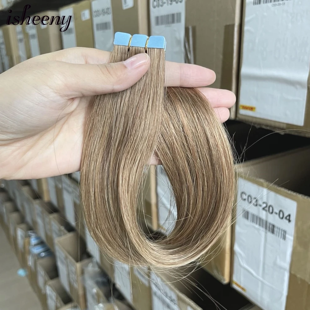 6# Middle Brown Human Hair Extension Tape Ins 10pcs/pack Mini Tape Hair On Double Sided Glue 12-24 inches for Women