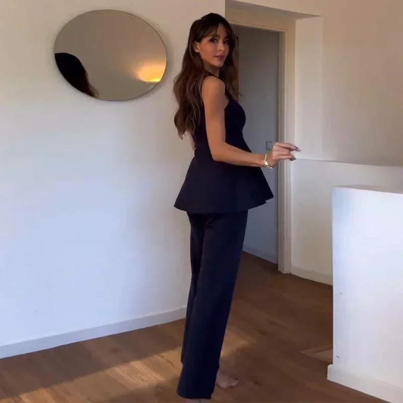 Conjunto elegante de dos piezas de pantalón de punto con cuello redondo, sin mangas, con volantes en los bajos, cintura alta, elástico, para dama, nuevo en trajes a juego.