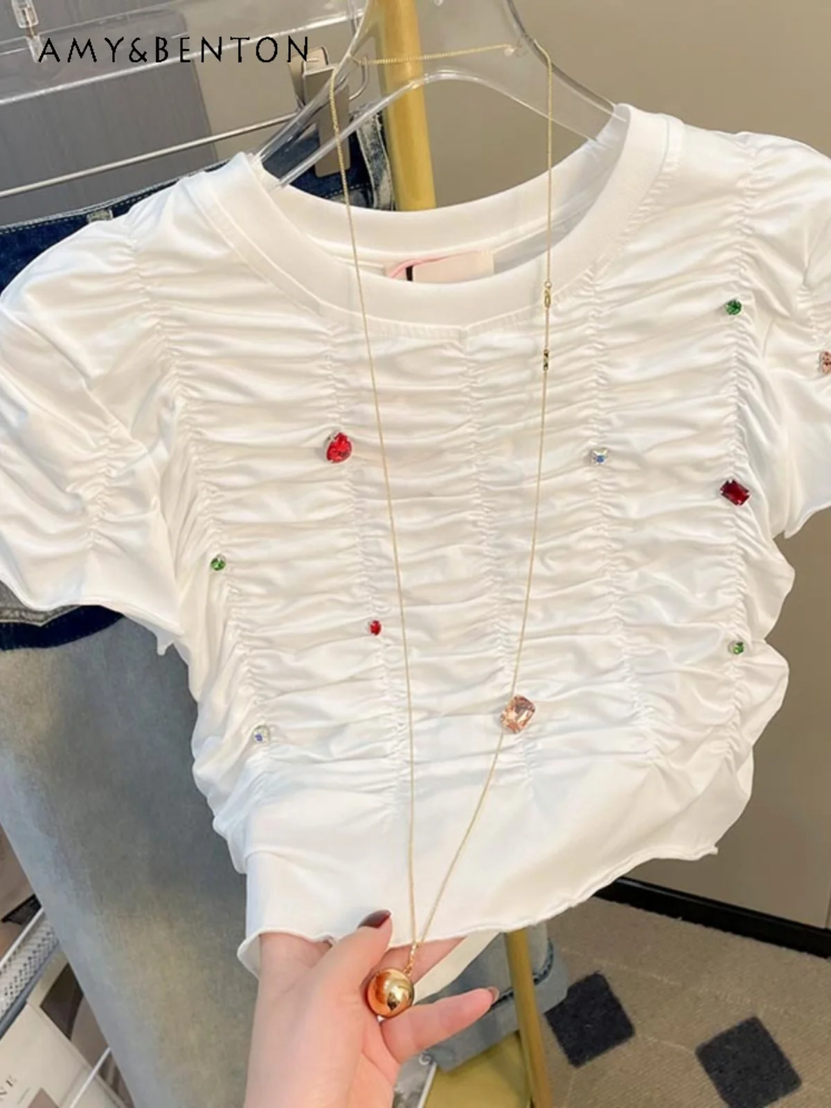 

3D Gem Decorative Pleated Midriff Outfit Hot Girl Design Slim-Fit Short-Sleeved T-shirt Women's Short Top Summer New Tees