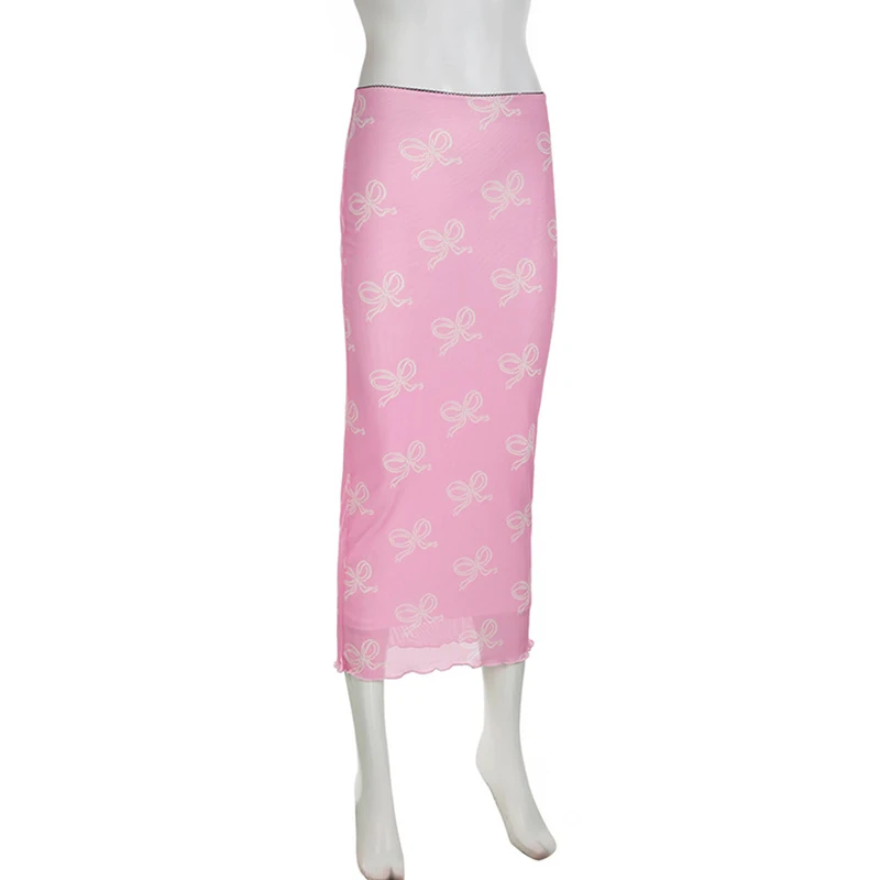 Falda Y2K Fairycore para mujer, con estampado de lazo y ribete de encaje, de cintura baja, de malla, ajustada, estilo grunge de los años 2000, para fiestas y ropa de calle.