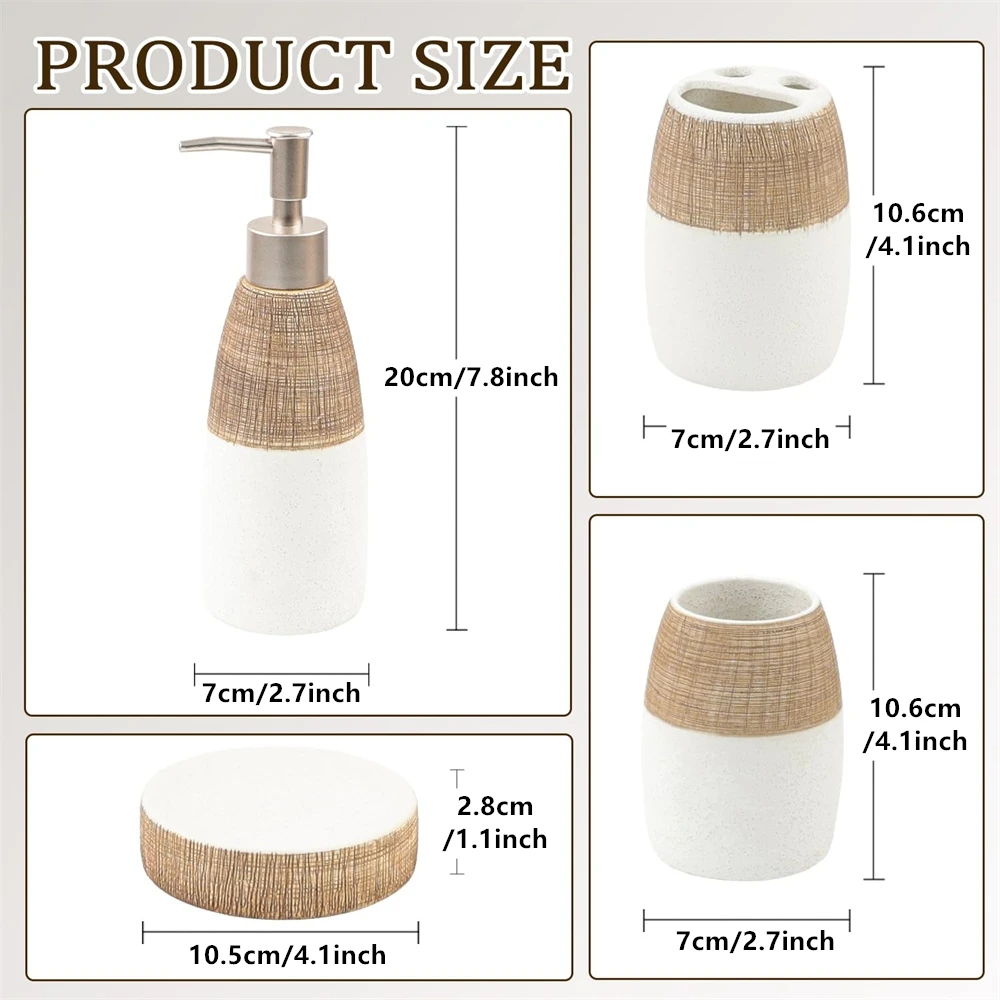Brown and white ceramic bathroom set: toothbrush holder, cup, and soap dish.