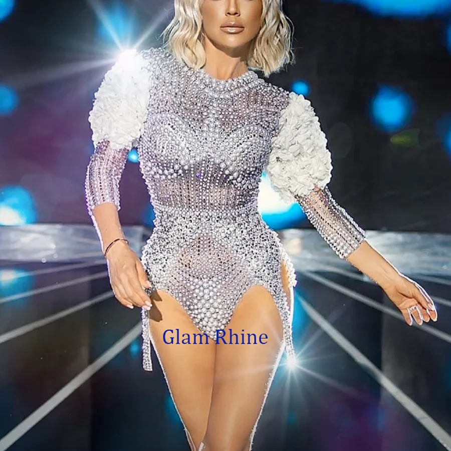 

Gorgeous Pearls Rhinestones Flower Sleeve Bodysuit Women Sexy Singer Performance Stage Jazz Dance Costume