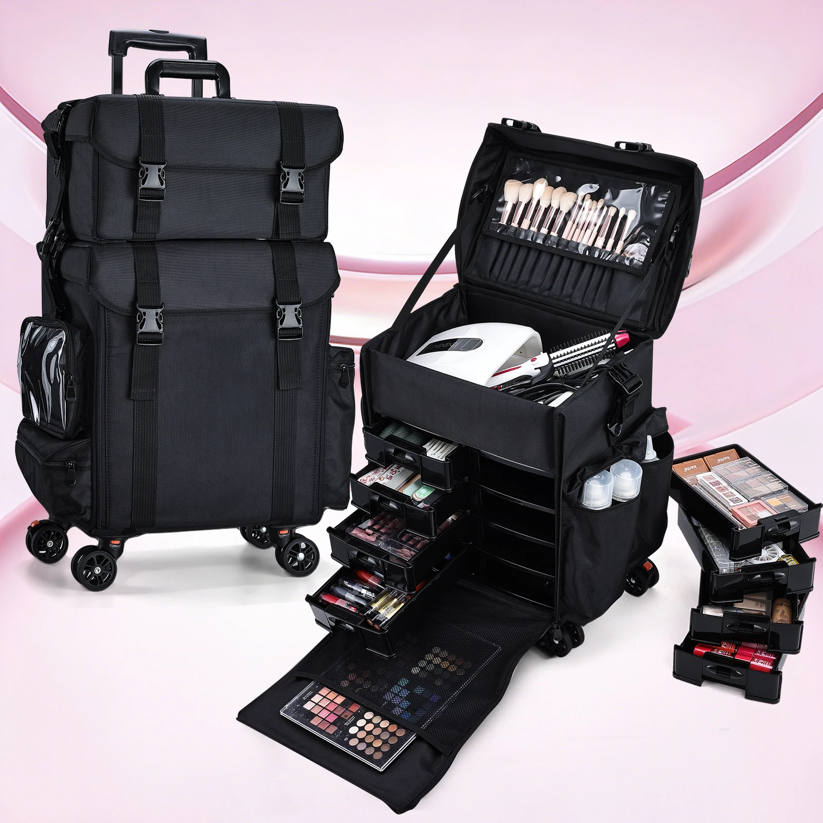 Trousse de maquillage professionnelle à roulettes, organisateur de cosmétologie à côtés souples, étui de Train en Nylon à roulettes, Station de voyage Portable pour ongles d'artiste