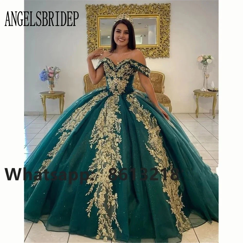 

Зеленое бальное платье с открытыми плечами, платья для Quinceanera 2023, милые платья принцессы 16 дюймов с аппликацией, искусственное платье, платье для 15 лет