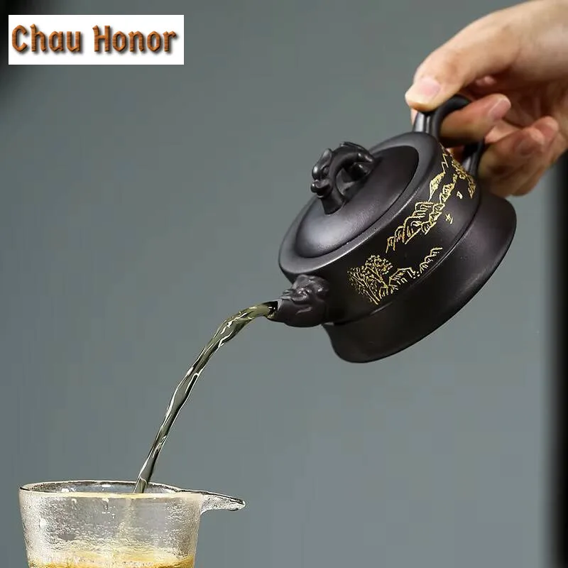 225ml Yixing Raw Ore Ugin Mud Purple Clay Pot Handmade Lettering Household Teapot Puer Kung Fu Tea Set Tea Ceremony Accessories