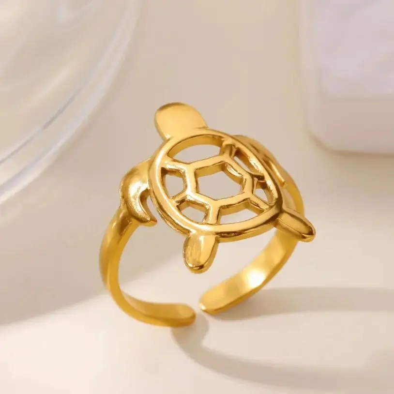Cute Hollow Turtle Rings for Women Gold Color Stainless Steel Adjustable Ring