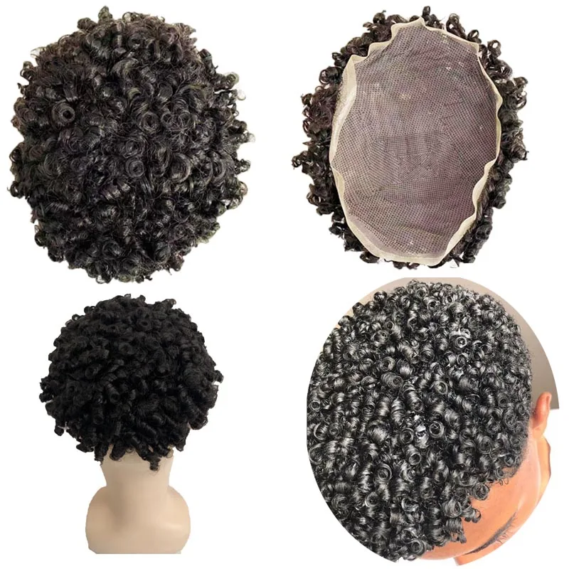 

Malaysian Virgin Human Hair Replacement #1b 15mm Curl 7x9 Toupee Full Lace Units for Black Men