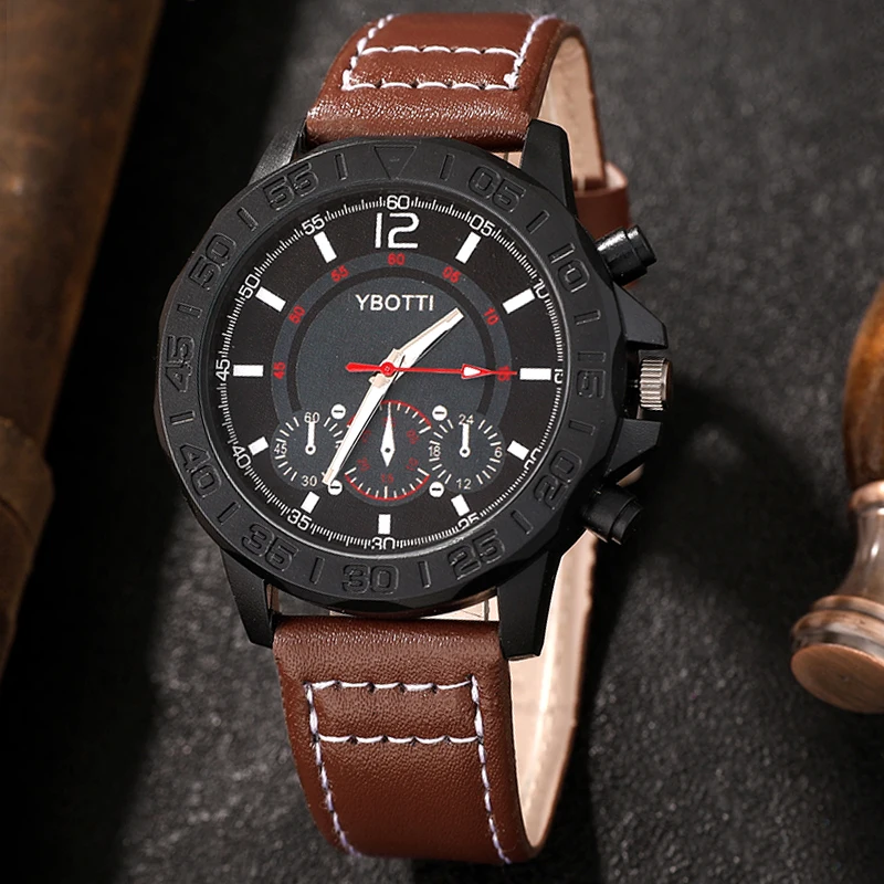 Luxury Men Watches Leather Strap Three Eyes Digital Dial Business Casual Quartz Watch Fashion Sports Man Clock Relogio Masculino 4