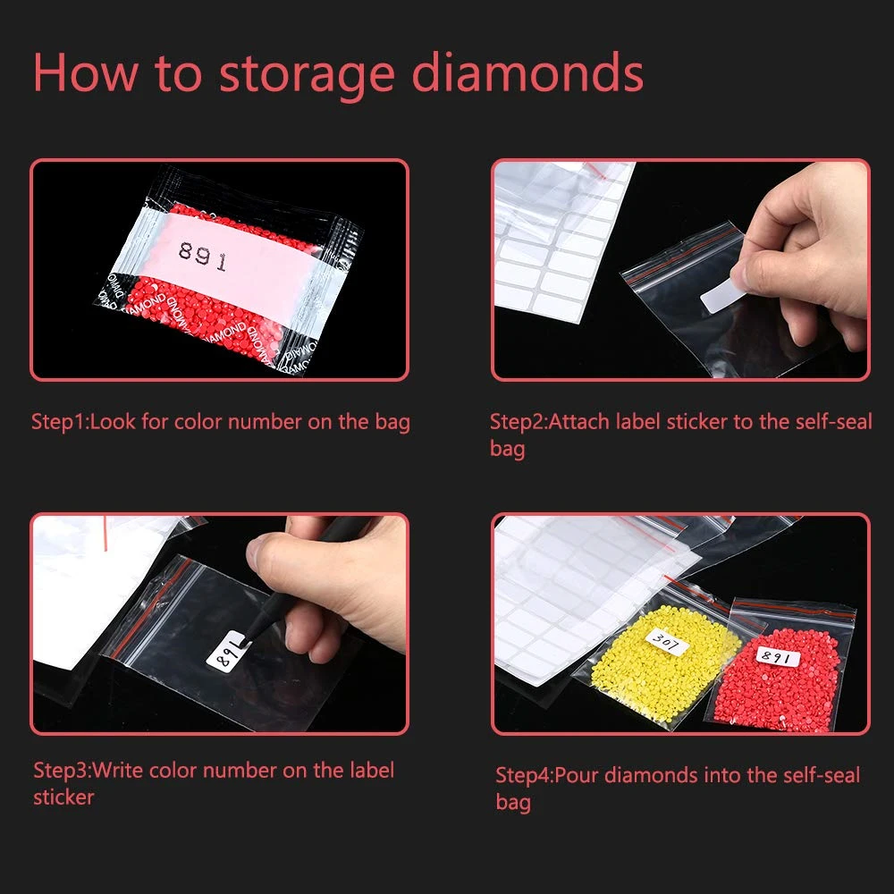 Diamond painting accessories 100Pcs self-sealing bag DIY 5D diamond painting cross stitch embroidery accessories square bead stone storage bag label paper