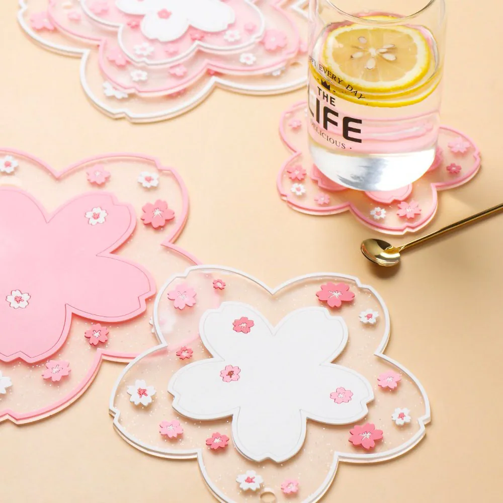 Sakura Floral Pink Coaster - Elegant PVC Heat-Resistant Mat for Home and Office Decoration