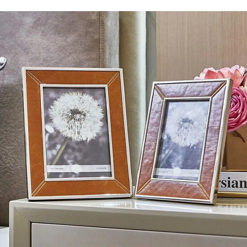 

6/7 Inch Silver Edge Photo Frame Nightstand Ornaments Desk Decoration Metal Framed Leather Picture Frames Vintage Home Decor