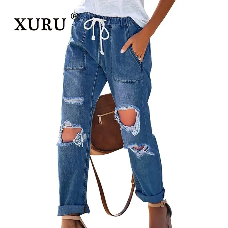 XURU-Europe and The United States New Broken Jeans Women, Dark Blue, Light Blue Classic Elastic Drawstring Jeans N3-3137