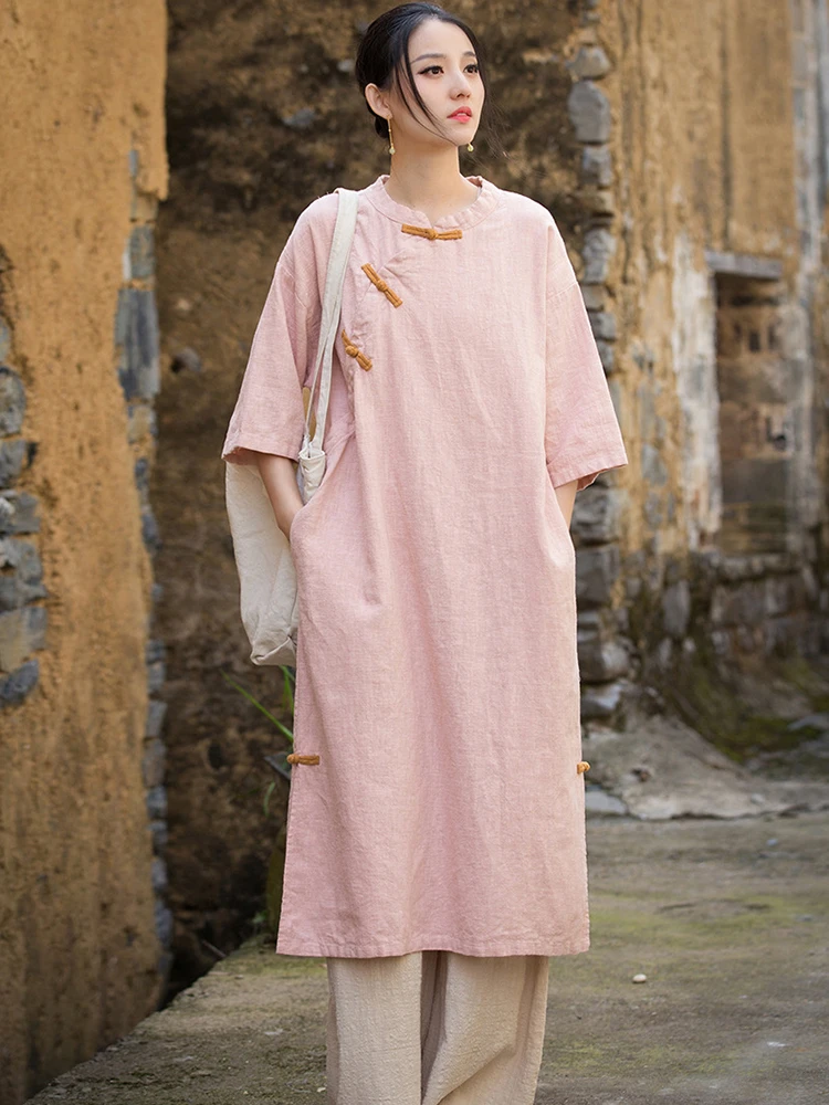 chinese dress ladies 100% Linen Bateau Neck Pleated Maxi Dress Abigail, Natural Linen / XL