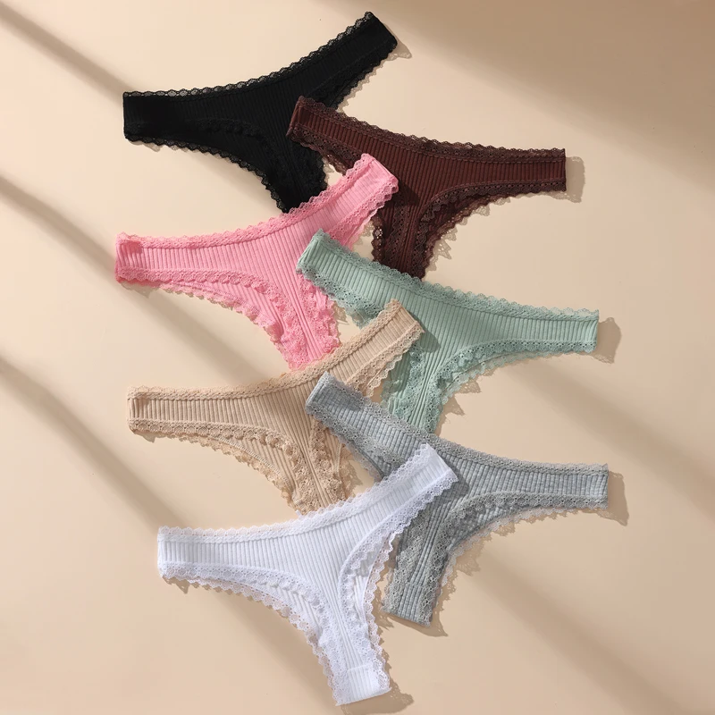 7Pcs/Set Women Thongs Panties Cotton Sexy Lace Underwear Tanga Solid T Back Pants Soft Underpants G-Strings Female Lingerie S-XL