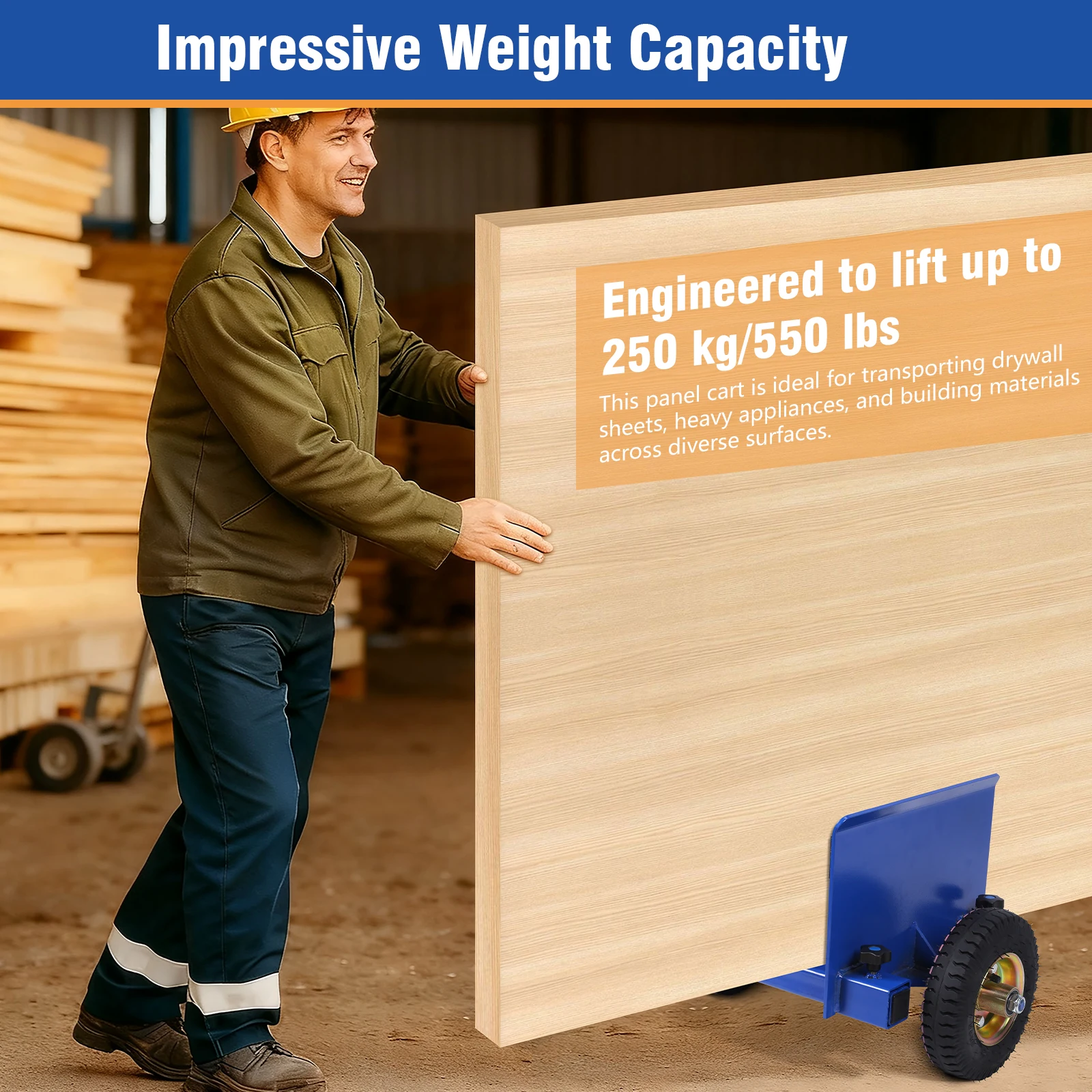 Adjustable Panel Transport Cart Heavy Duty 250KG Capacity Anti Scratch Inflatable Tires for Drywall Stone Glass Lumber Doors