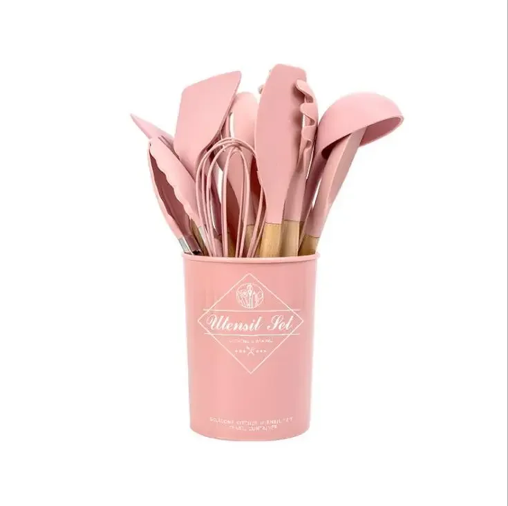 11pcs Pink Silicone Kitchen Cooking Tools Spatula Shovel Soup Spoon with Wooden Handle Special Heat-resistant Design Utensil