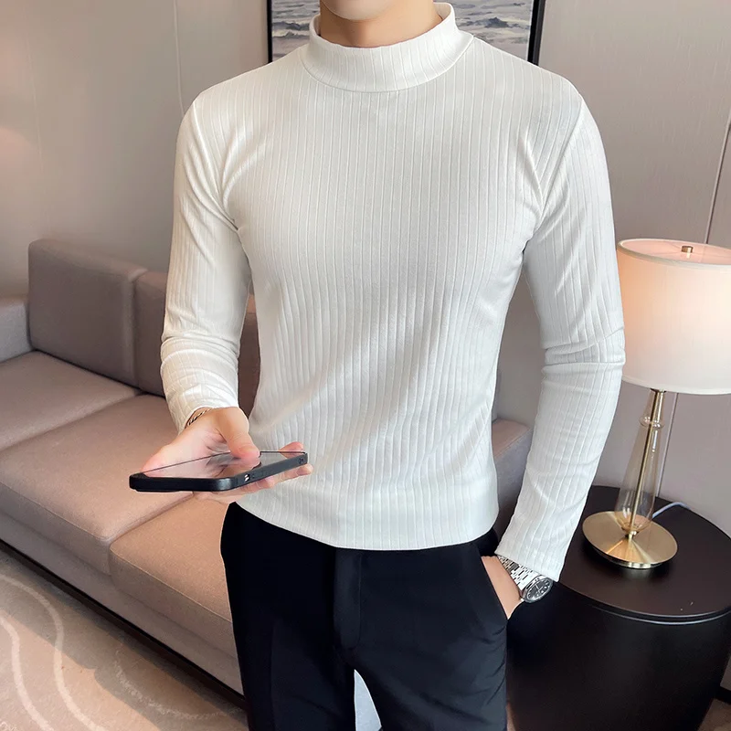 

Футболка мужская стрейчевая с ложным воротником, базовая тенниска с длинными рукавами, высокий воротник, в полоску, черная белая, весна 2024