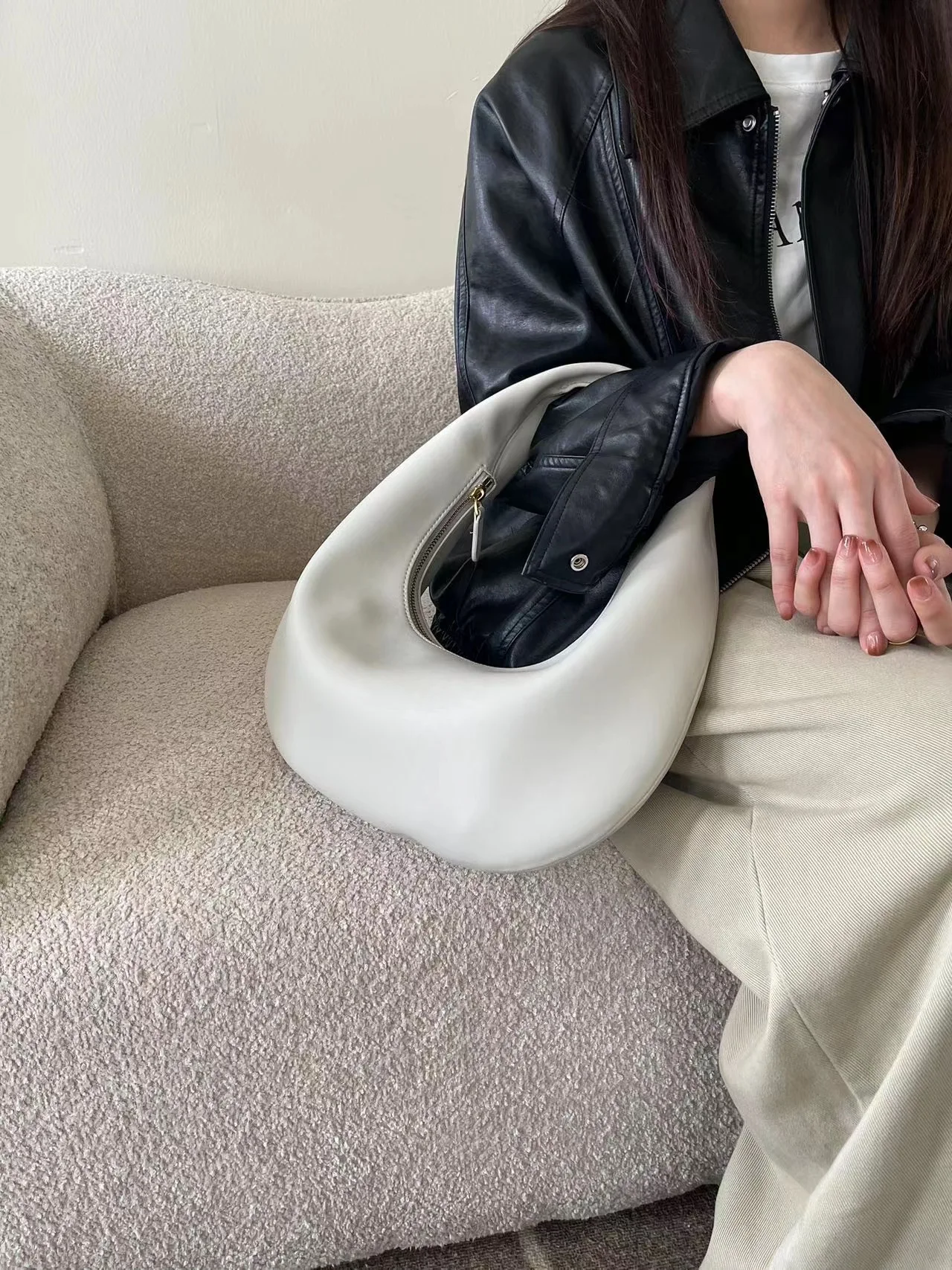 Minimalist Crescent Shoulder Bag with Unique Design Underarm Handbag for Women Genuine Leather