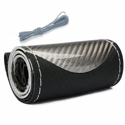 Deluxe Carbon Fiber Hand-stitched Leather Steering Wheel Cover (Silver)