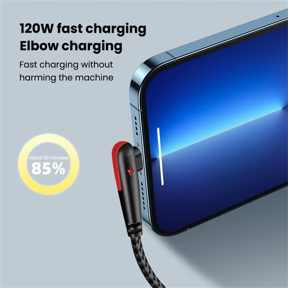6A 120W 고속 충전 케이블 USB to 타입 C 퀵 차징 충전기 코드 0.25m/1m/1.5m/2m 90도 엘보우 USB-C 브레이디드 데이터 와이어