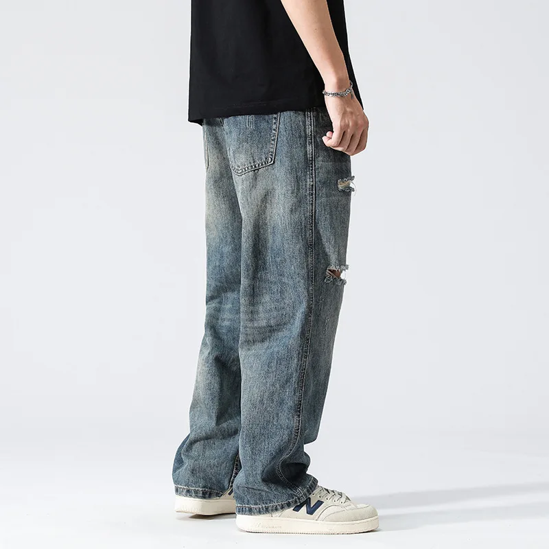 New Spring Summer 2022 Vintage Blue Ripped Pants Loose Straight Casual Wide Leg Jeans Baggy Jeans Streetwear Men