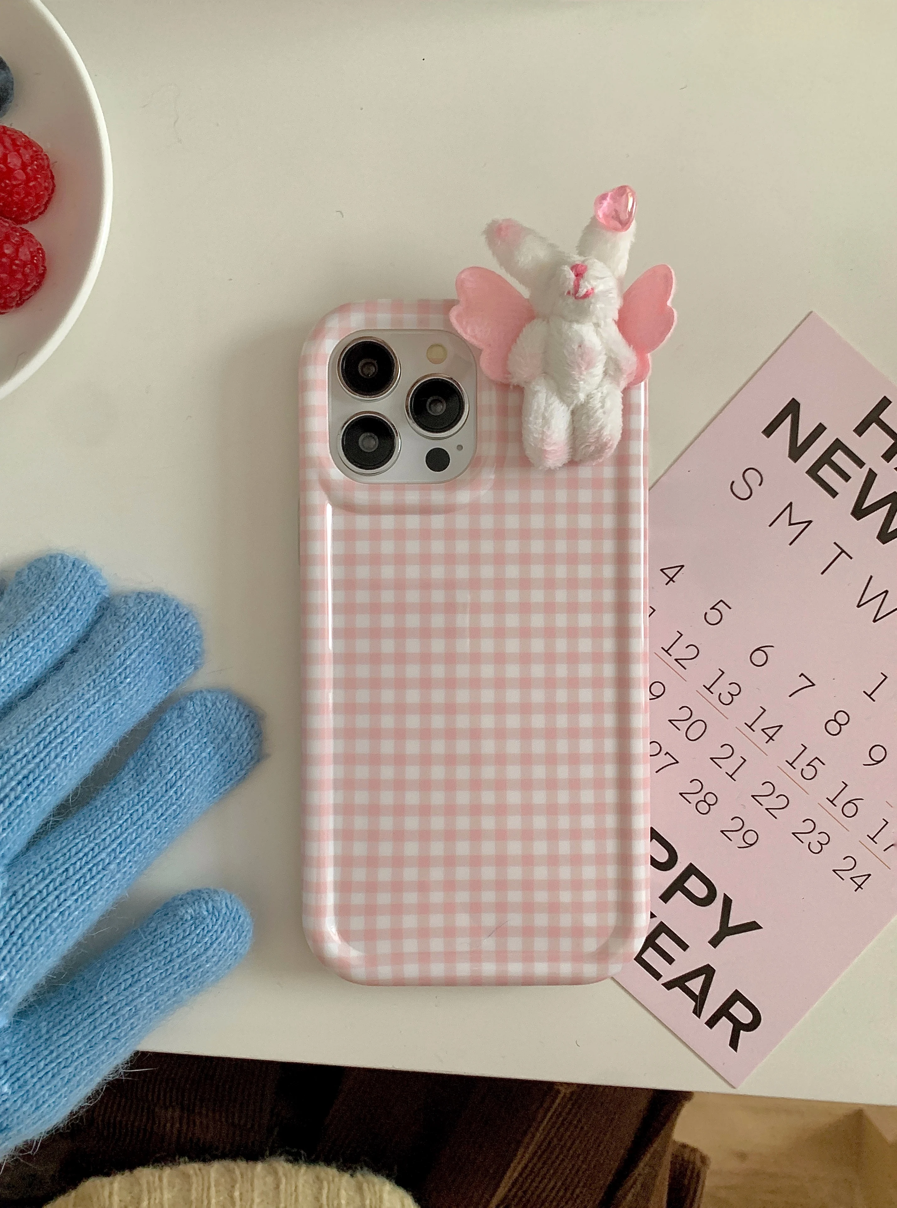 Korean INS Cute Cartoon Furry Wing Bear Check Case for iPhone 15 14 13 Pro Max 12 Pro Plus 11 Shockproof Soft Silicone IMD Cover