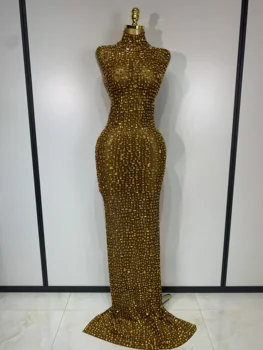 Sparkly Gold Rhinestone Sleeveless Stretch Long Dress Women Sexy Mesh Celebrate Evening Prom Birthday Dress Photo Shoot Wear 1