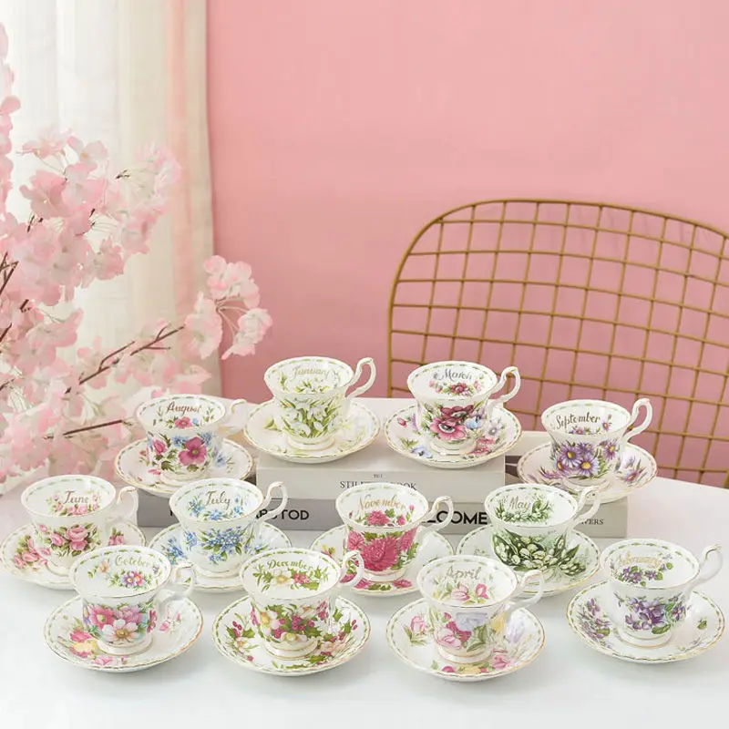 Ceramic Coffee Cup Set Royal Bone China Retro Month Flower Afternoon Teacups Saucers Gifts