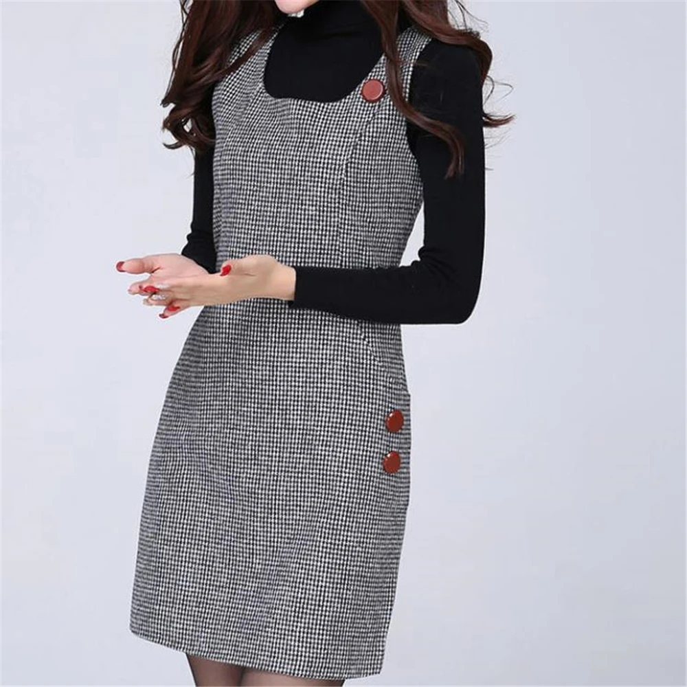 

Women's Sleeveless Plaid Slim O-Neck Vest Dress Female Clothing Tank Knee Length Underwaist Pocket Spring Autumn 2024