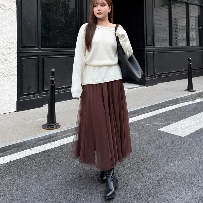 XXXL Fashion Plus Size Women Mesh Skirt Premium Elastic Waist Romantic Coffee Solid Color Bottoms For Autumn Winter 8264