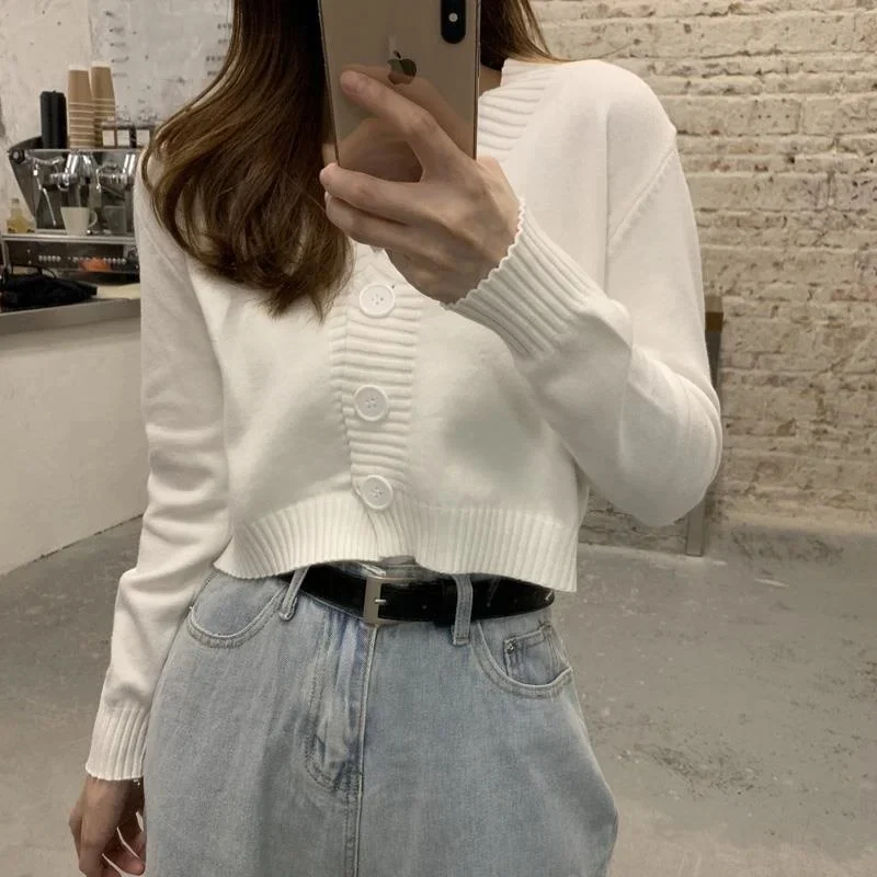 

ladies button V-neck pullover sweater women's fall winter outer solid color cardigan long-sleeved short knitted tops
