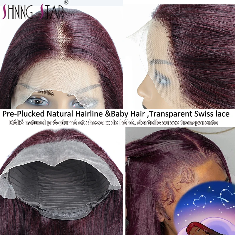 Peruvian 13&times;6 13x4 Lace Front Wig 99J Red Colored Straight Human Hair Pre-Plucked Transparent human hair wig