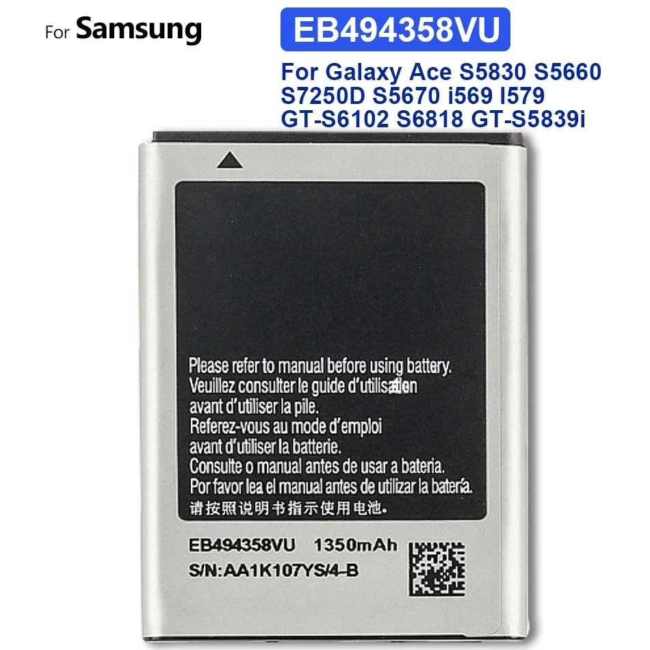 Batteria Eb494358Vu Per Samsung Galaxy Ace S5830 S5660 S7250D S5670 I569 I579 Gt-S6102 S6818 Gt-S5839I 1350Mah Con Codice Traccia