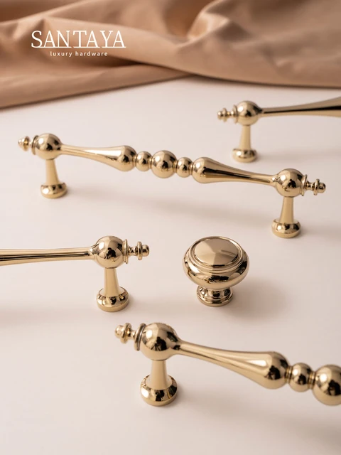 Santaya ลูกบิดลิ้นชักตกแต่งเฟอร์นิเจอร์สีทอง PVD แบบดึงตู้เสื้อผ้าทองแดงด้ามจับตู้ในห้องครัว 1