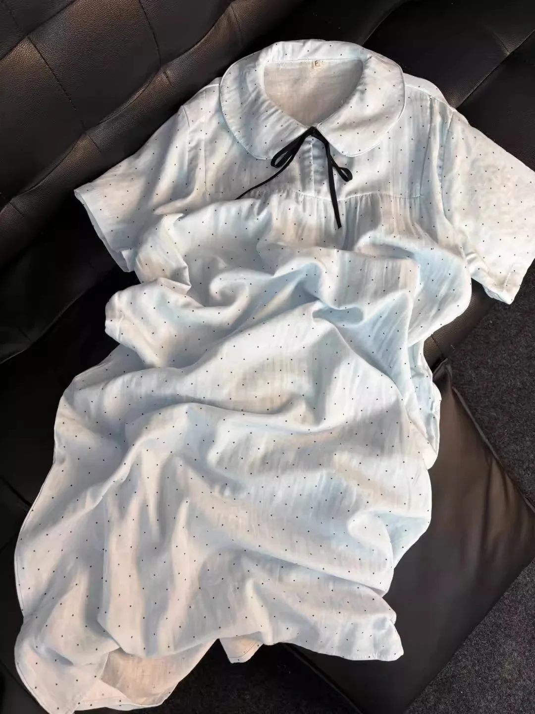 Sweet Blue Polka Dot ort Sve Sp Dr Women's Korean Sle Doll Collar Loose Outerwear Mid-Length Spwear Dr