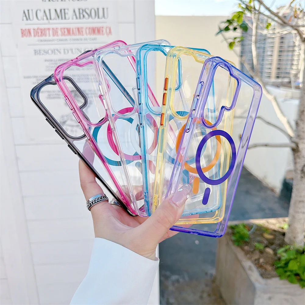 Transparent Magnetic Shockproof Phone Case with Wireless Charging - Candy Color Cover