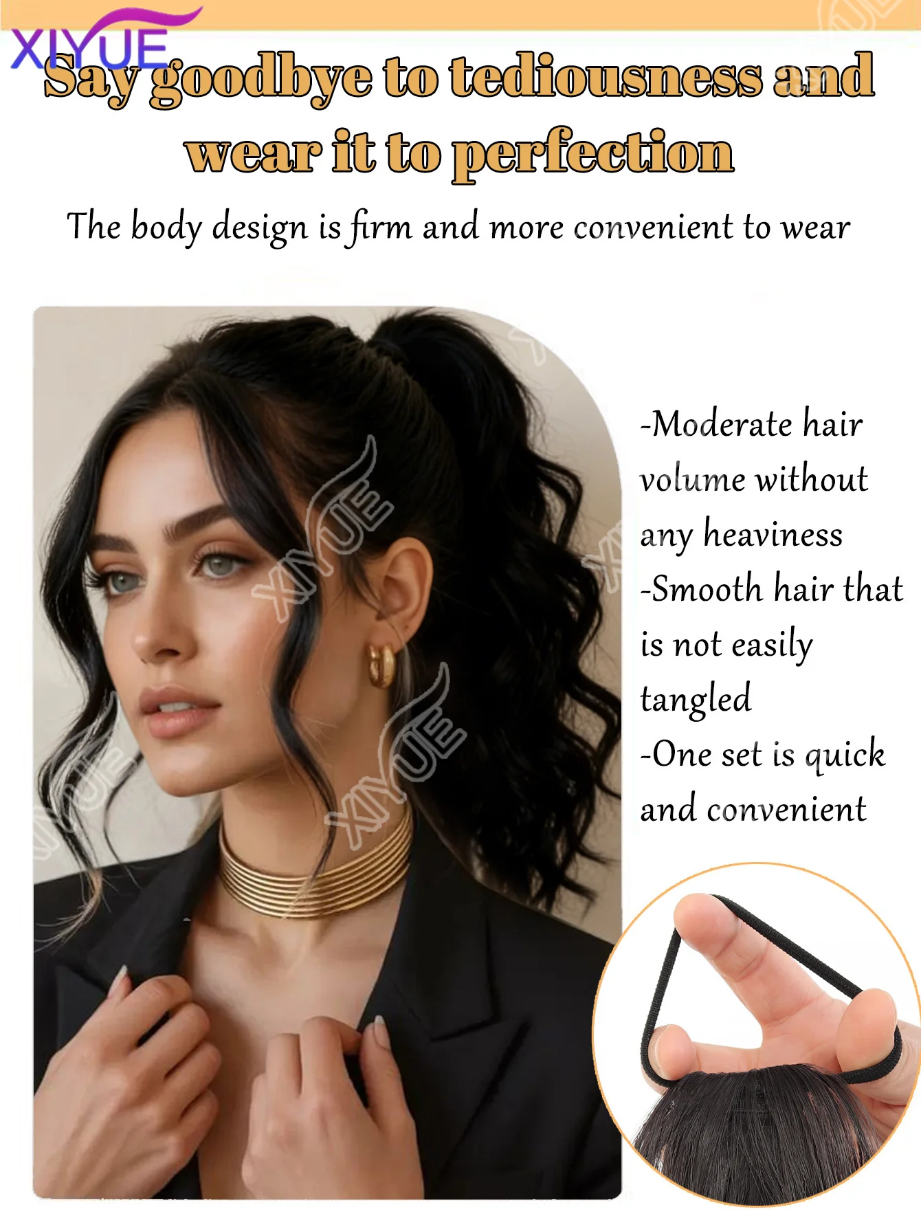 합성 포니테일 연장 가발 웨이브 곱슬 포니테일 헤어피스, 탄성 고무 밴드가 있는 푹신한 웨이브 포니테일, 여성용