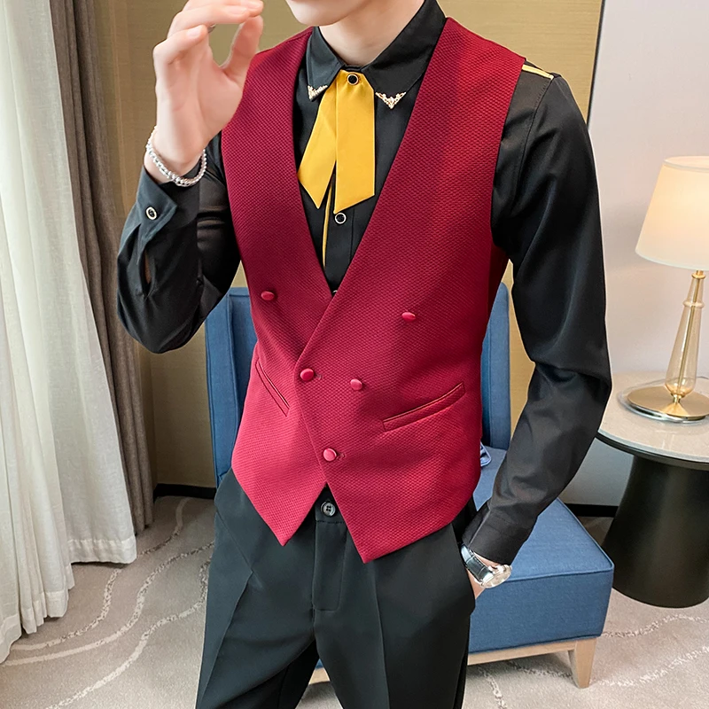 Men's Double Breasted Gentleman Dress Casual Vest Fashion Nightclub Bartender Work Clothes V Neck Vest Jacket dress vests