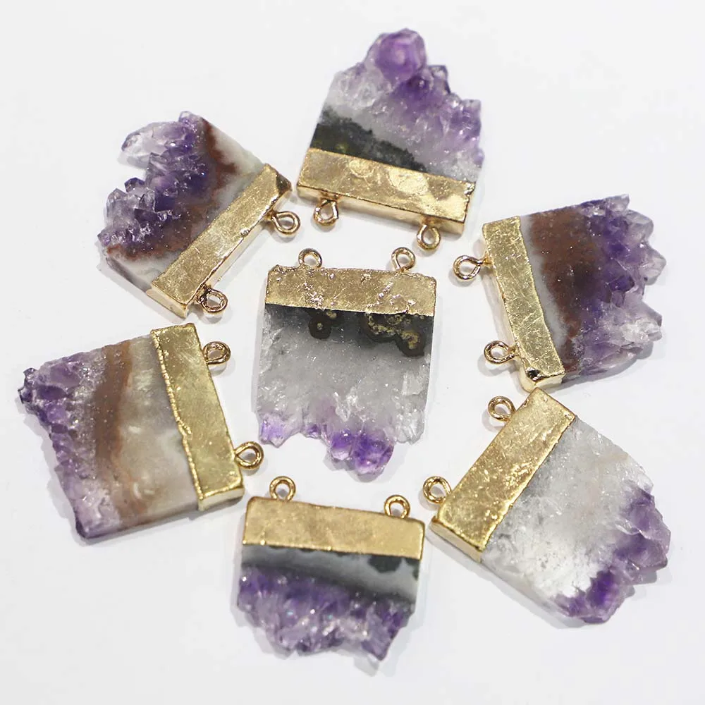 Natural Stone Uruguay Amethyst Irregular Pendants Double Buckle Phnom Penh Necklaces Energy Healing Chakra Halo DIY Jewelry 4Pcs