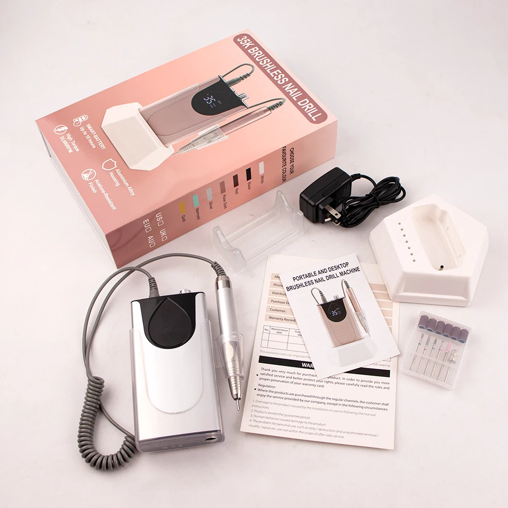 35K Brushless Portable Desktop Base Cordless Nail Drill Machine 35000RPM Rechargeable Manicure Electric Nail File Aluminum Alloy 5