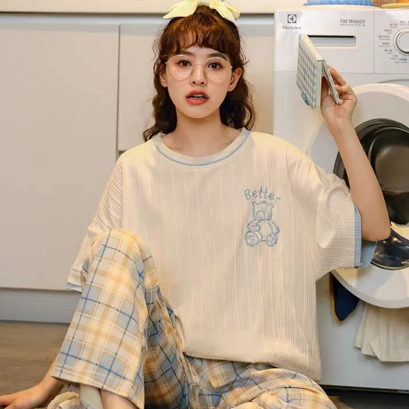 

Японские пижамы для женщин, летние хлопковые пижамы Kawaii С мультяшным принтом, милые клетчатые пижамы размера плюс, домашняя одежда из 2 предметов